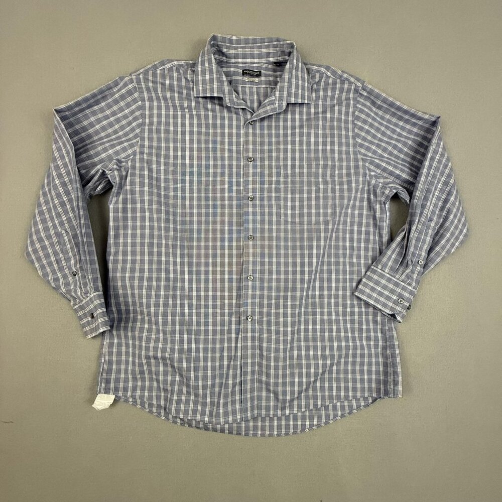Van‎ Heusen Signature Shirt Mens 17.5 34/35 Blue Plaid Regular Fit Non Iron